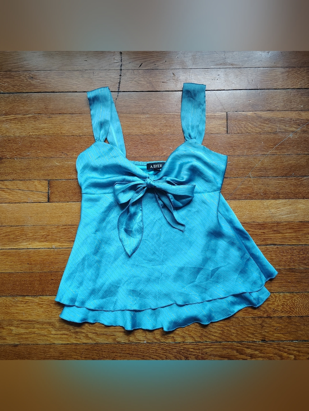 Vintage Y2K A. Byer Teal Satin Slip Babydoll Cami Top Coquette Size Small Medium